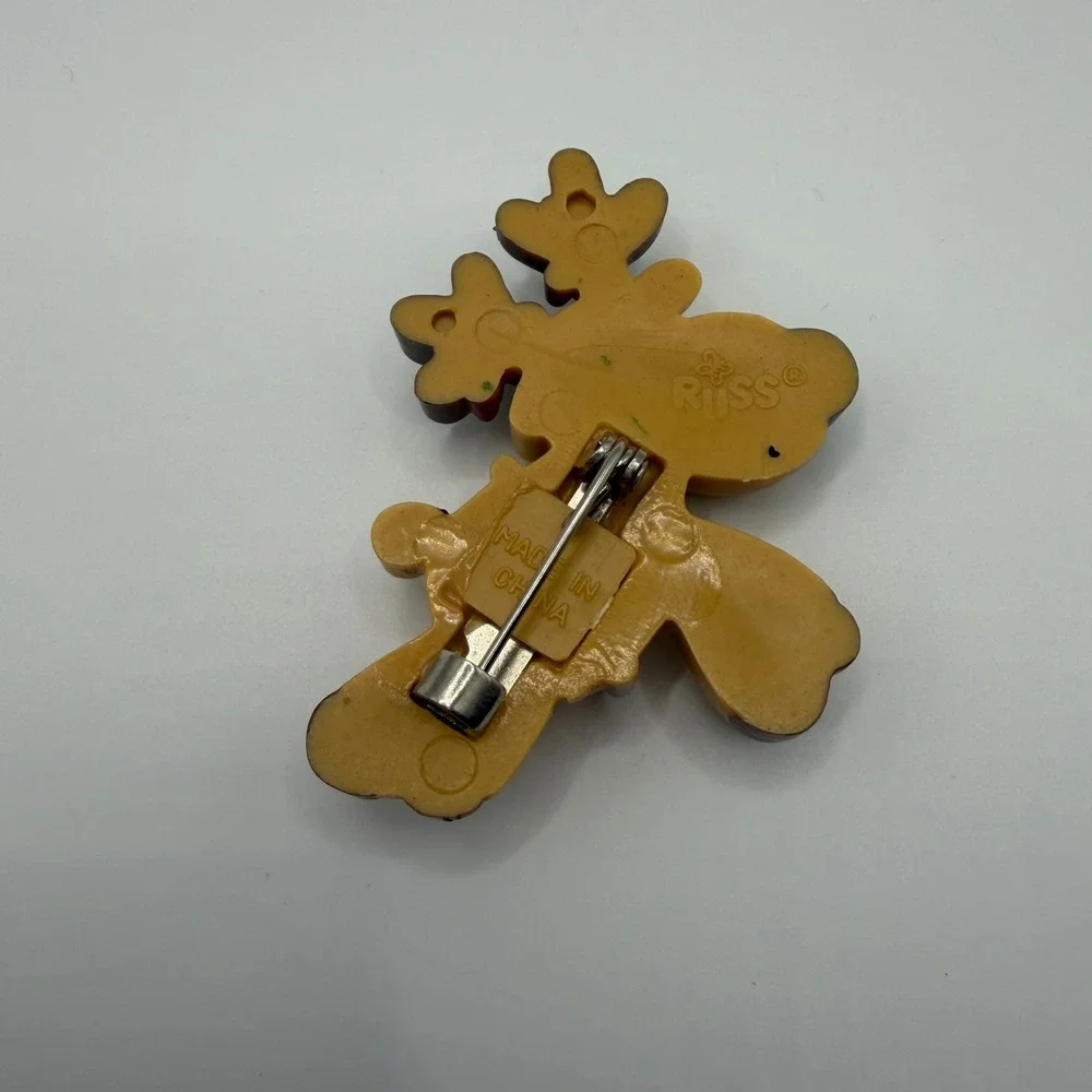 Vintage Russ Berrie Reindeer Pin Christmas Brooch Brown Tan Red Holiday Jewelry